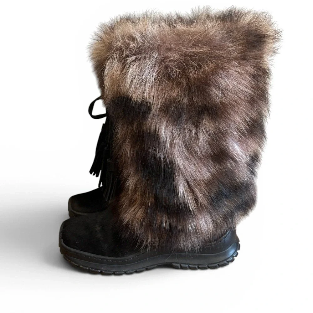 Winna Italian Fur Pony Hair Leather Tassel Sherpa Lined Winter Snow Boots Sz 38